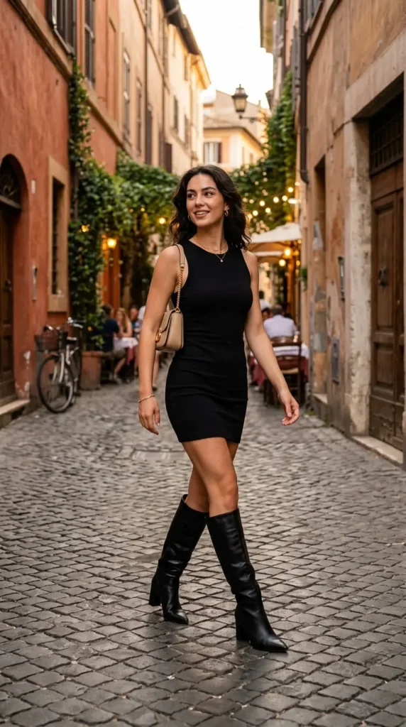 Black Mini Dress with Knee-High Boots