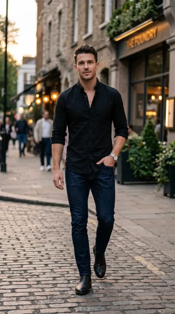 Black button-down shirt with slim-fit jeans