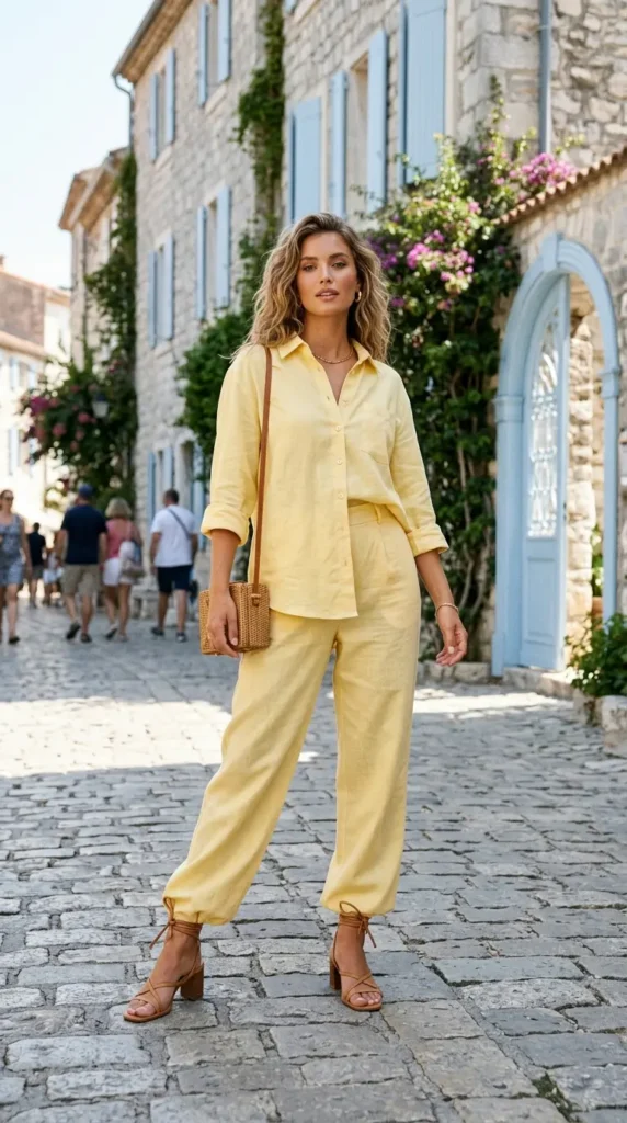 Butter Yellow Linen Set with Strappy Sandals