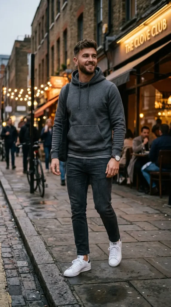 Casual hoodie with clean white sneakers