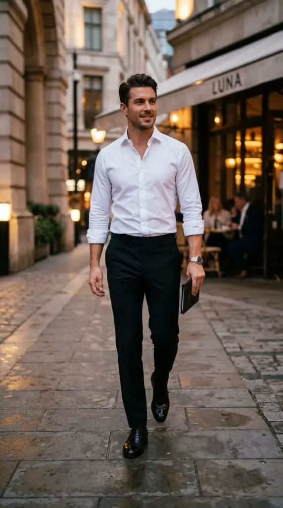 Classic white shirt with tailored black pants