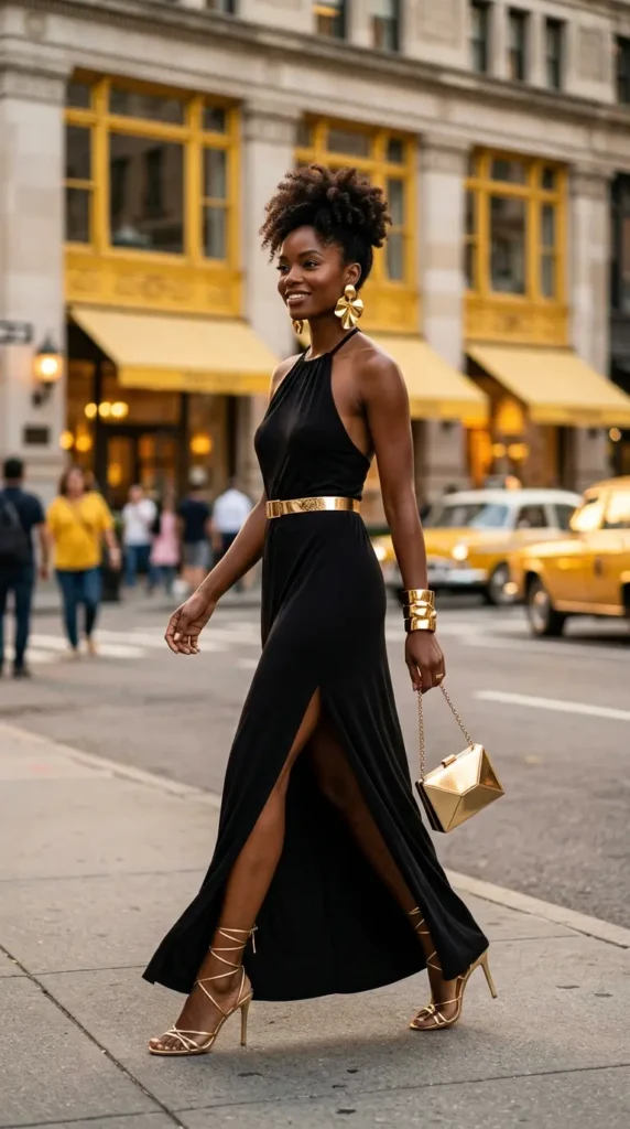 Classy Black Maxi Dress with Metallic Accessories
