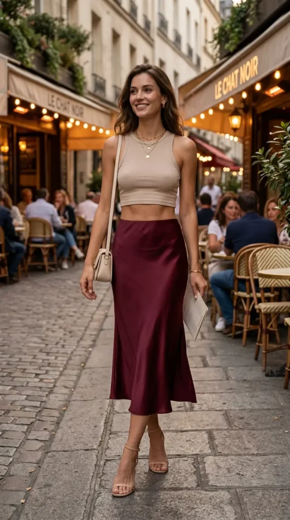 Cute crop top with satin midi skirt