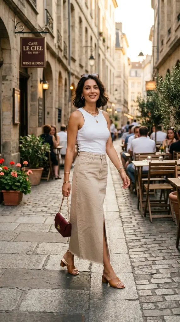 Denim Maxi Skirt with Fitted Tank Top