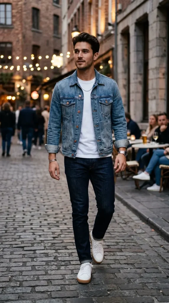 Denim jacket with plain white tee combo