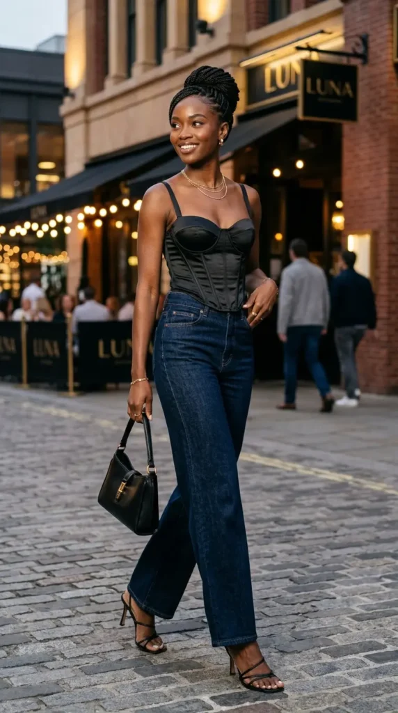 Elegant Corset Top with High-Waisted Jeans