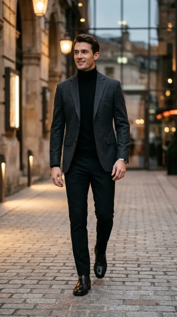 Fitted turtleneck with structured blazer