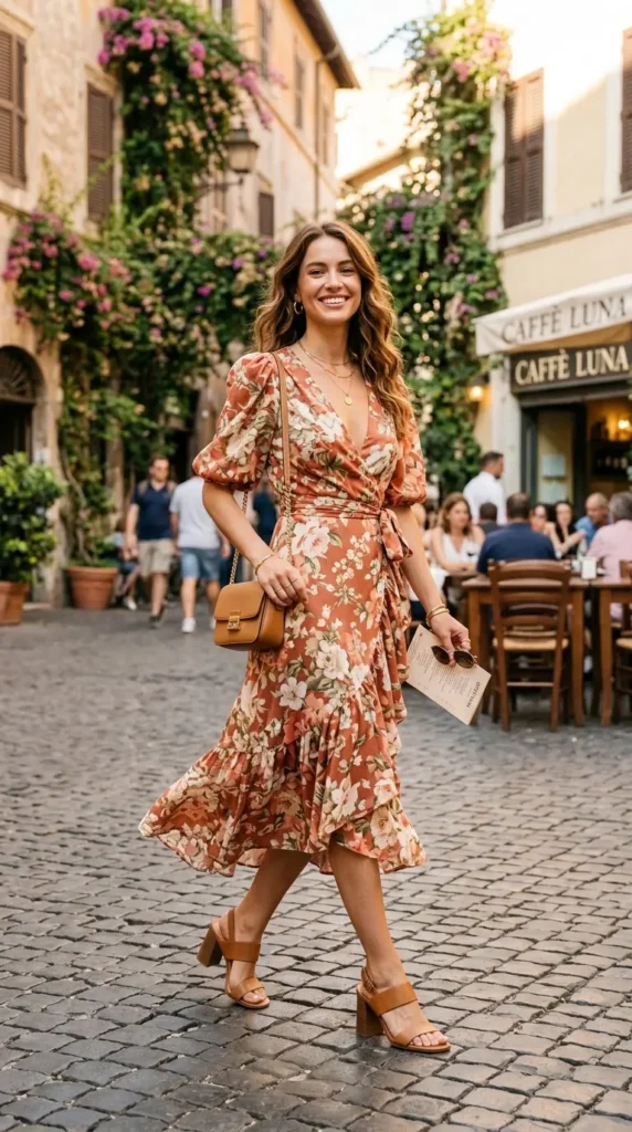 Floral Wrap Dress with Block Heels