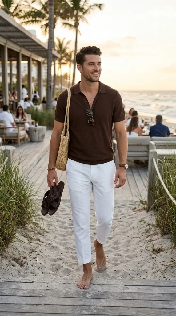 Knit Polo with Cropped Linen Trousers