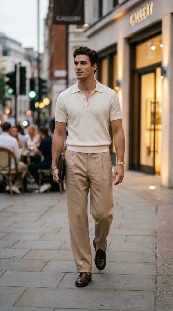Knit polo with wide-leg trousers