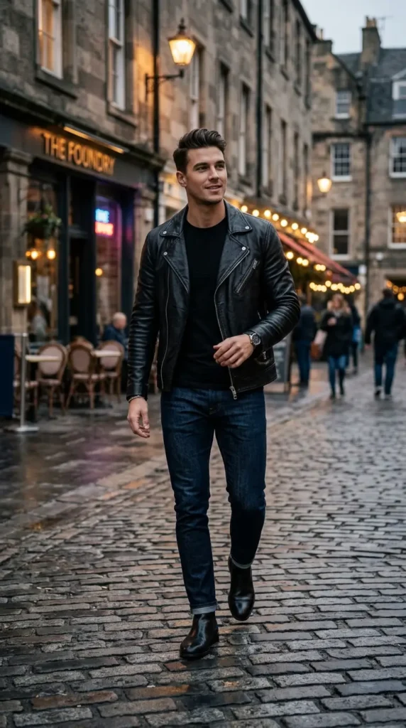 Leather jacket with dark denim jeans