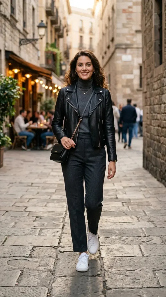 Leather jacket with straight-leg pants