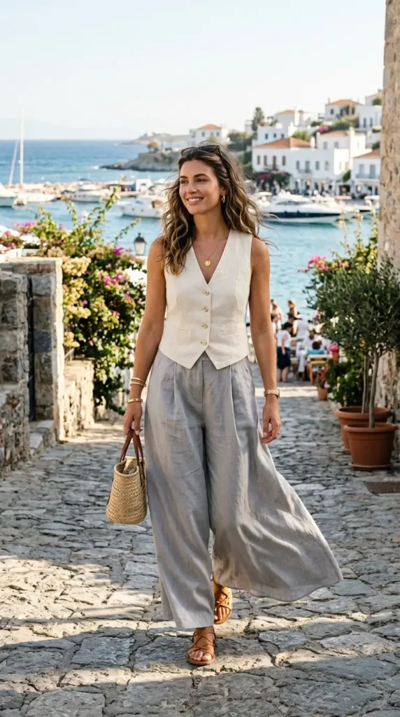 Linen Vest Top with Flowy Palazzo Pants