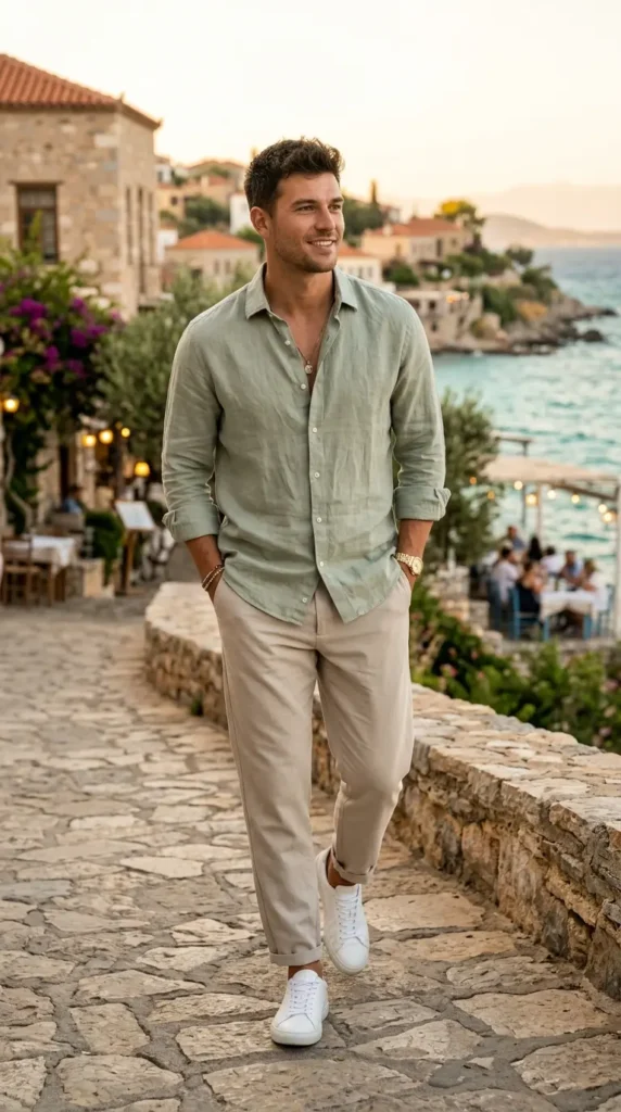 Linen shirt with relaxed chinos for summer dates