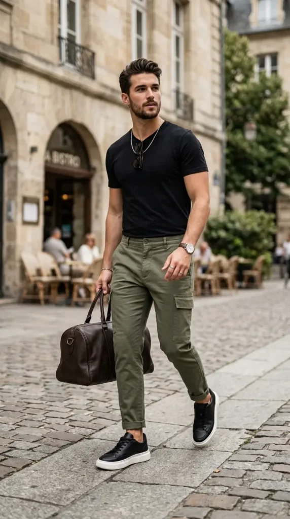 Minimalist black tee with cargo pants