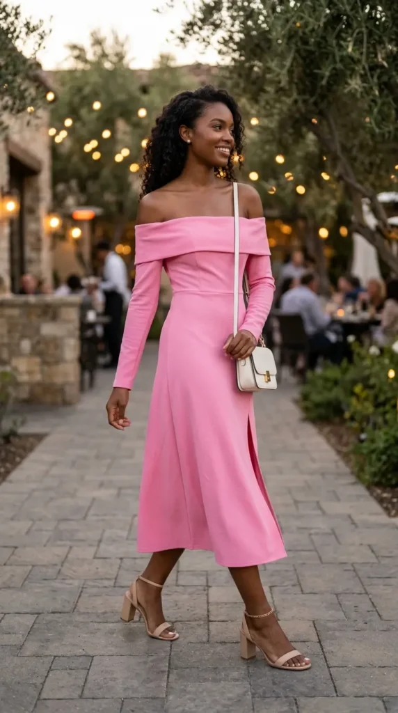 Off-Shoulder Midi Dress with Minimal Jewelry