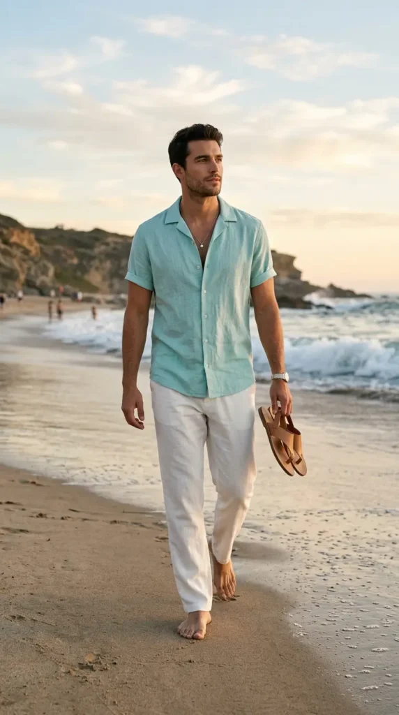 Open Collar Shirt with Straight-Leg Pants