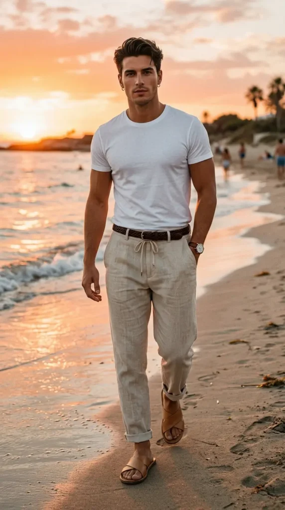 Plain White Tee with Beige Drawstring Pants