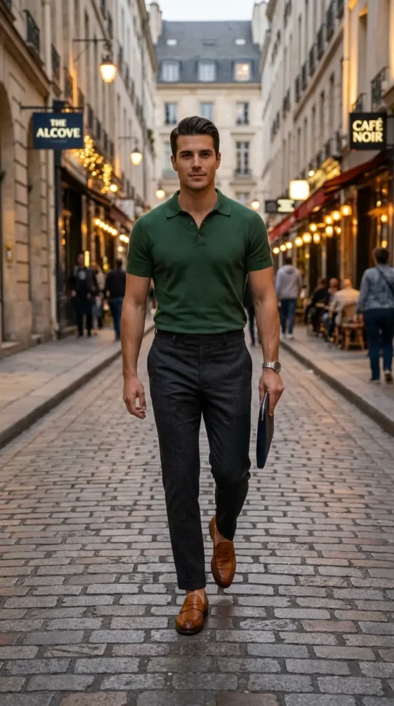 Polo shirt with tailored pants and loafers