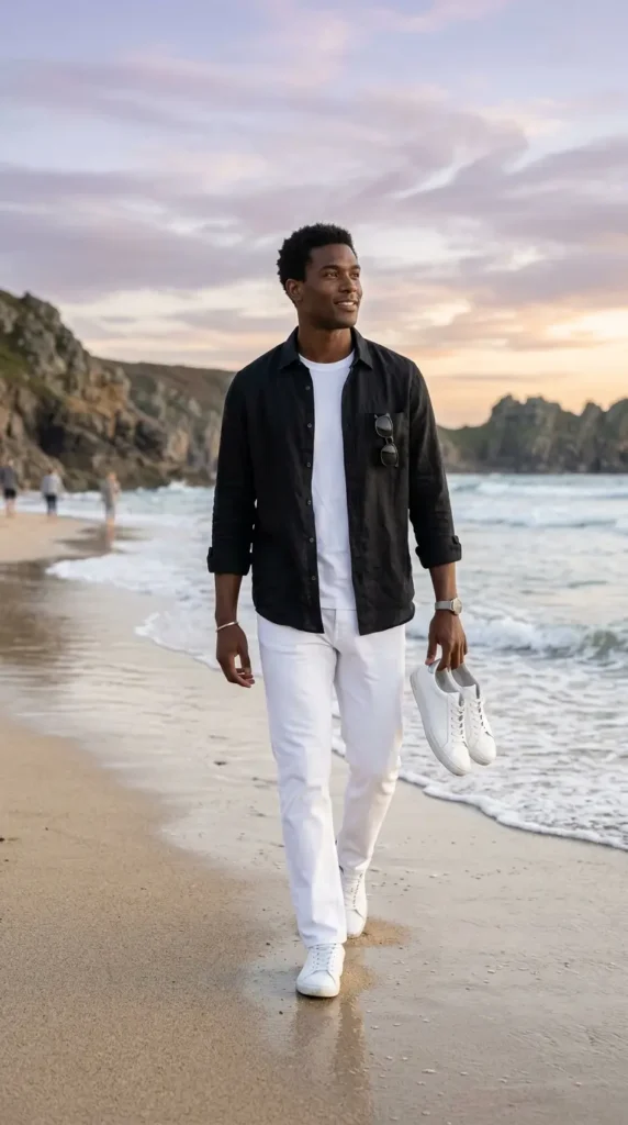 Relaxed Black Shirt with White Jeans