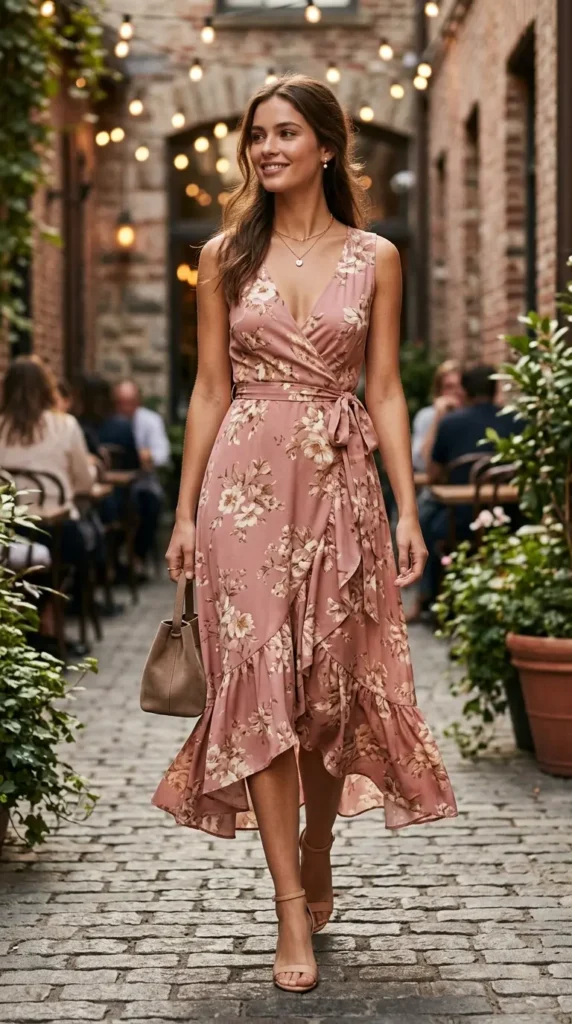 Romantic wrap dress with delicate jewelry