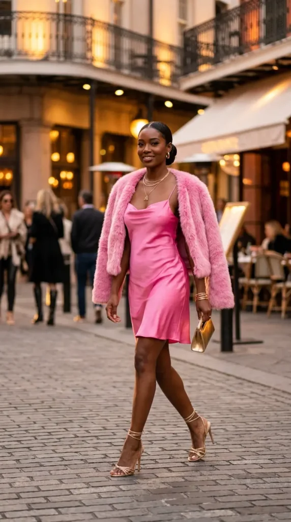 Satin Slip Dress with Gold Heels