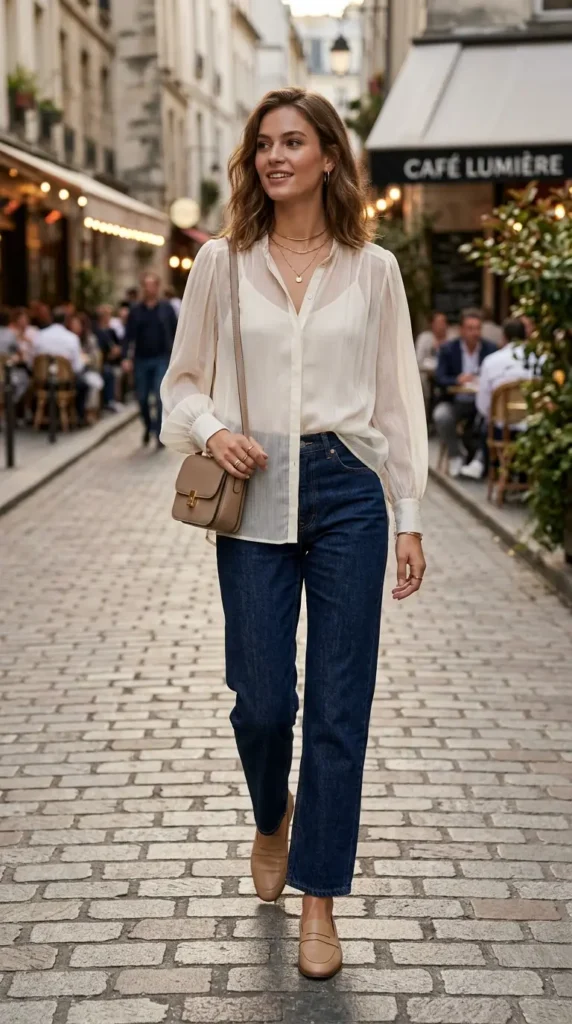 Sheer layered top with straight-leg jeans