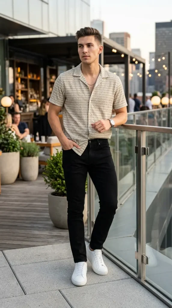 Short-sleeve button-up with black jeans