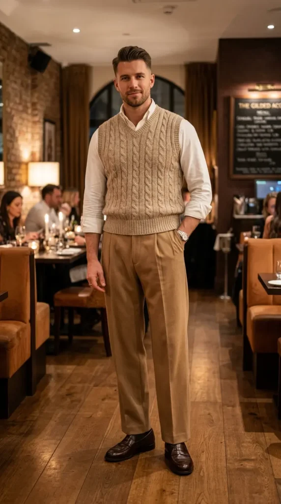 Smart casual vest with relaxed trousers