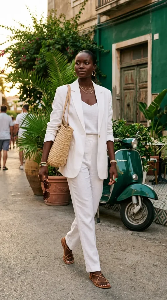 White Linen Set with Strappy Sandals