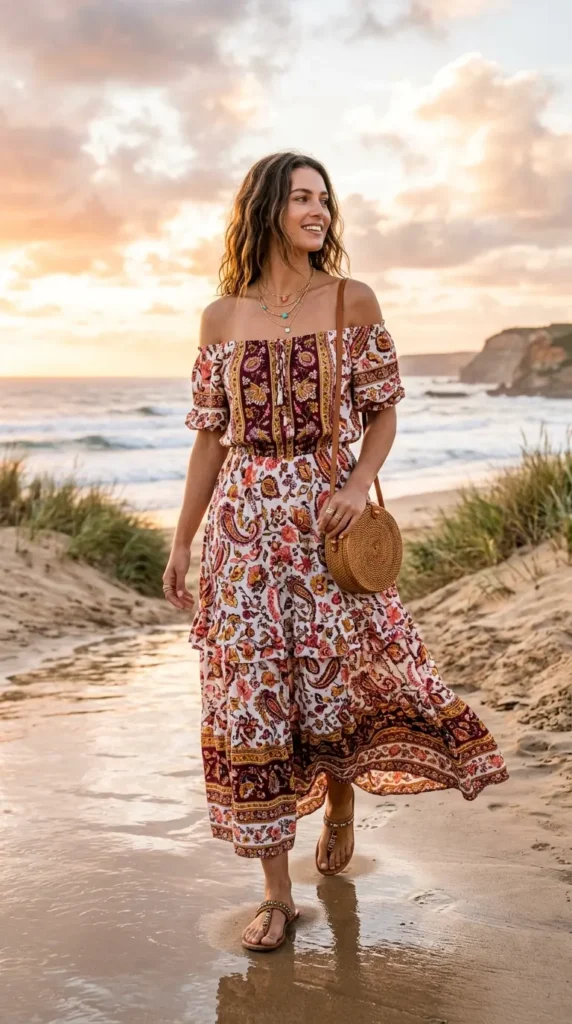 Boho Printed Maxi Dress with Woven Bag
