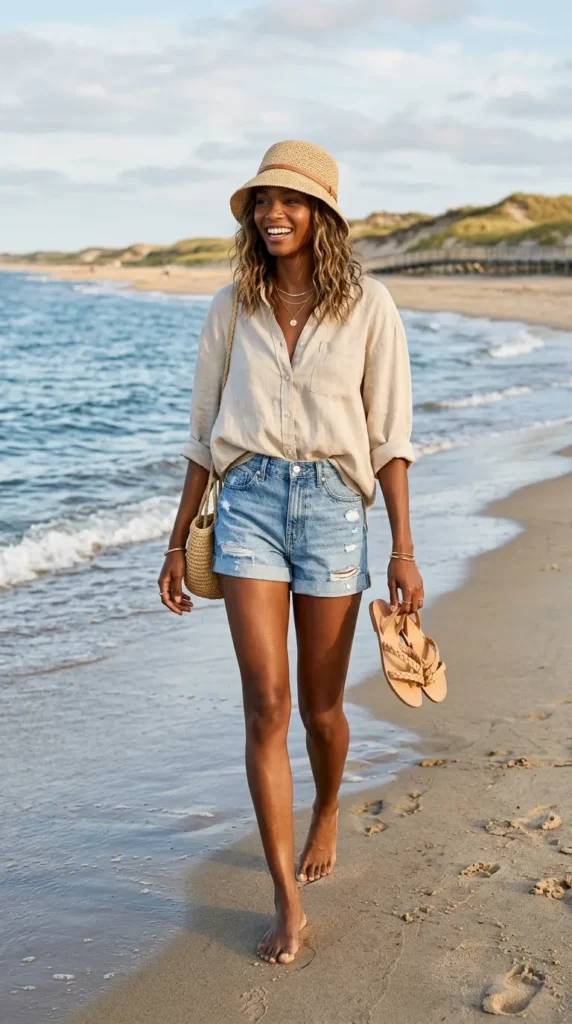 Denim Shorts and Breezy Linen Blouse for Casual Beach Walk Date