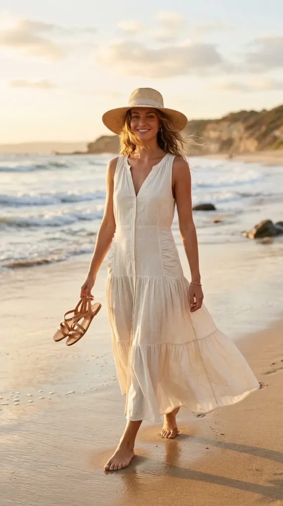 Linen Maxi Dress with Strappy Sandals & Straw Hat