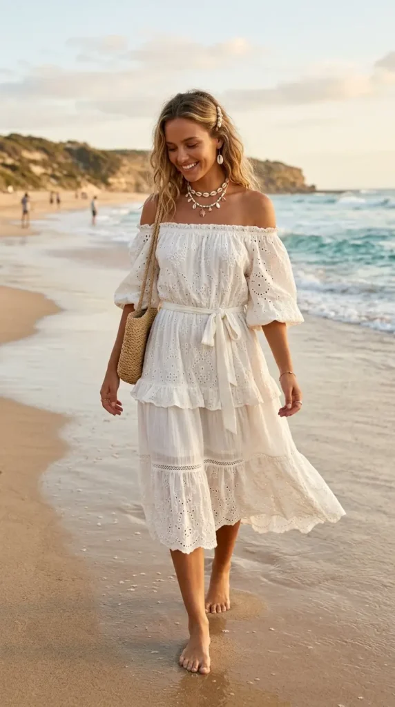 Off-Shoulder Boho Beach Dress with Shell Accessories