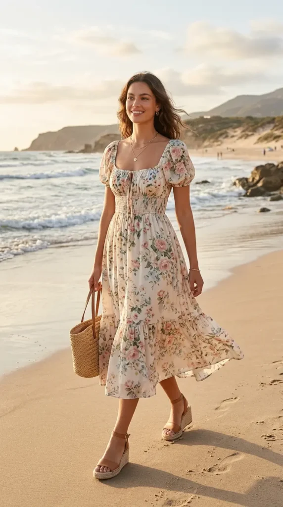 Romantic Floral Midi Dress with Wedges