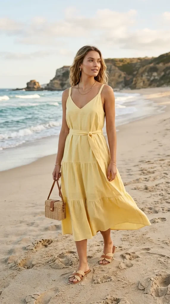 Soft Yellow Sundress with Straw Sandals