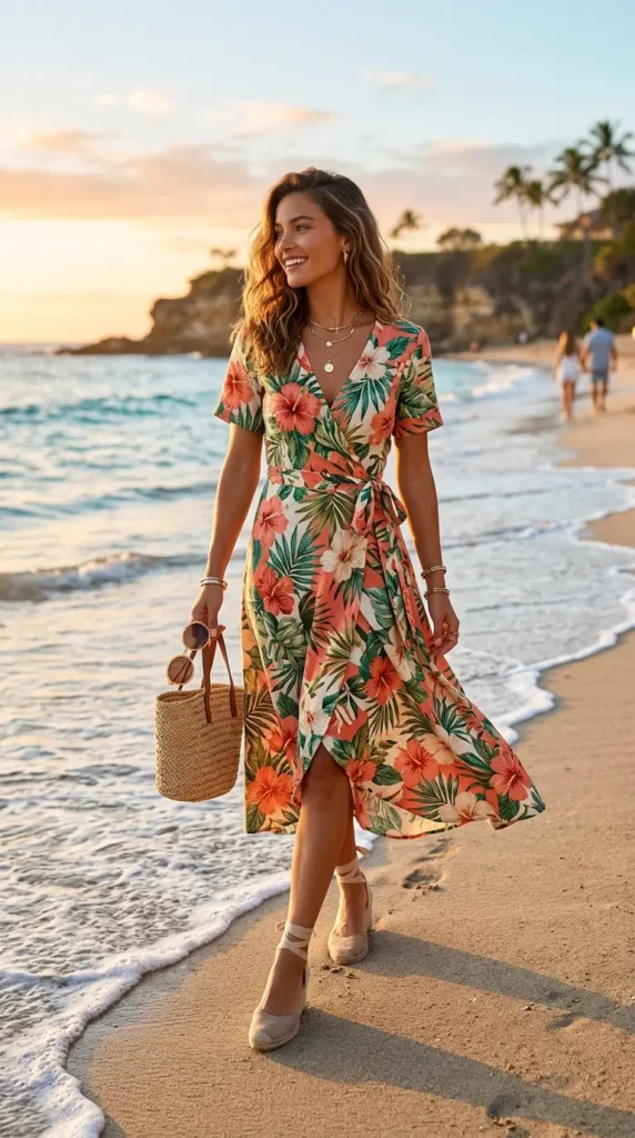Tropical Print Wrap Dress with Wedges or Espadrilles