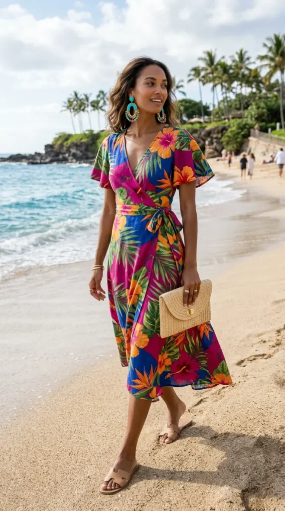 Tropical Wrap Dress with Statement Earrings